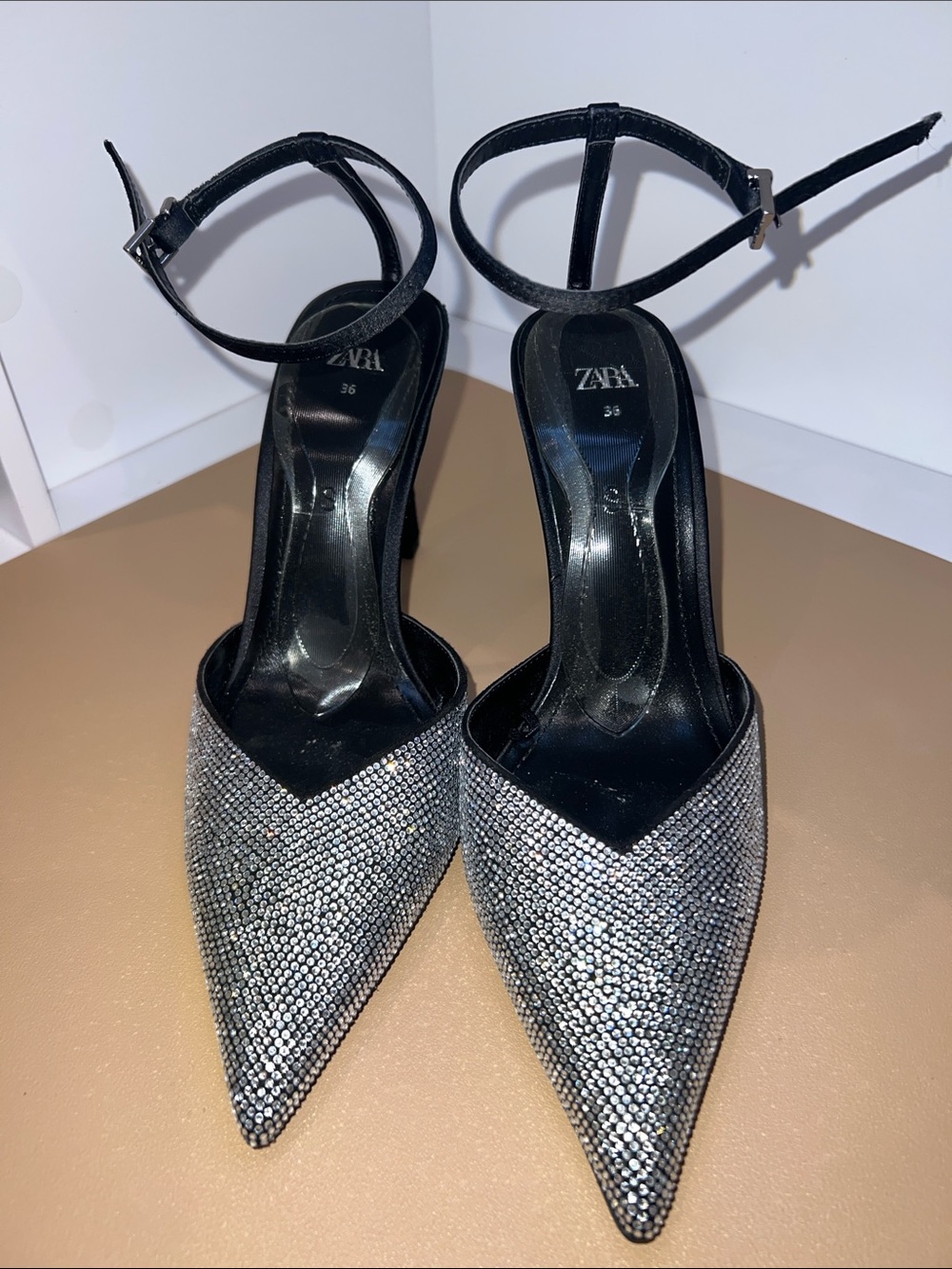 ZARA Black & Silver Crystal Pointed Ankle-Strap Heels